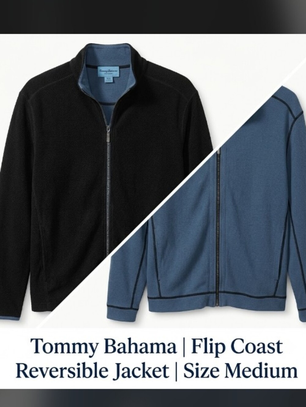 Tommy Bahama Men M Flip Coast Reversible Full Zip Jacket Blue Tencel Sweatshirt